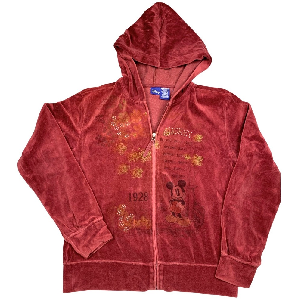 Disney Mickey Mouse Velour Hoodie Womens Medium Burgundy Rhinestone Zip M